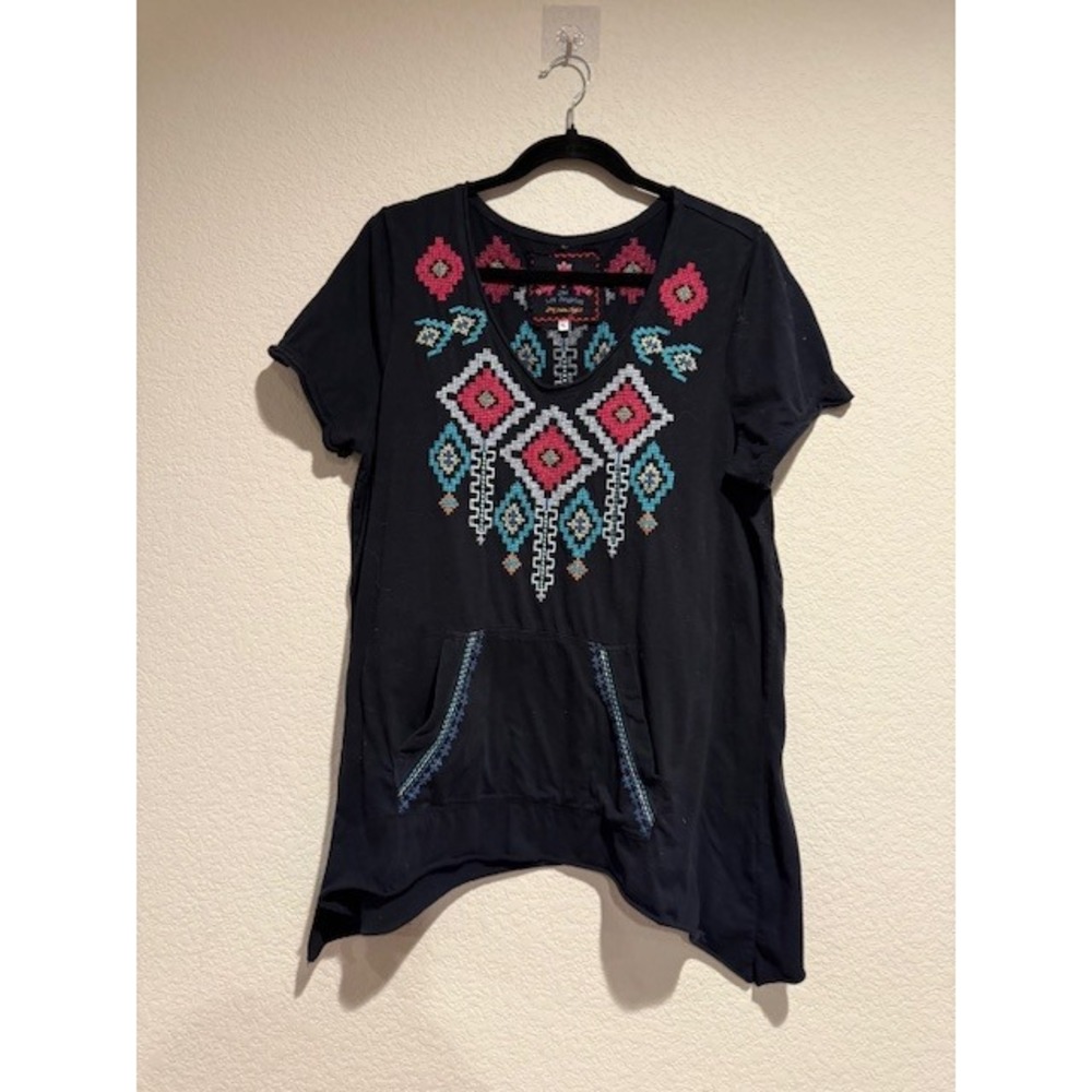 JW Los Angeles Johnny Was Black Embroidered Sharkbite Hem Cotton T-Shirt XL